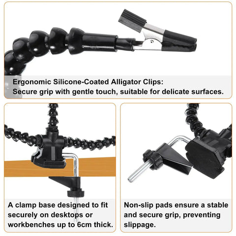 Soldering Helping Hands Clamp Stand with gooseneck arms and rotatable alligator clips shown on workbench, non-slip pads visible.