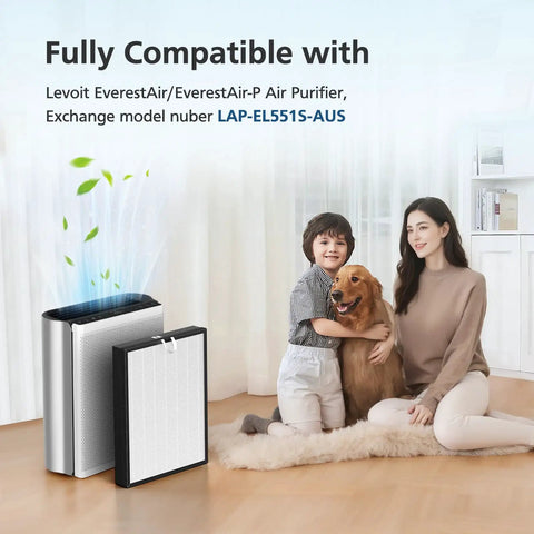 Two Pack EverestAir Replacement Filters For EverestAir And EverestAir P Purifiers with activated carbon, family with pet in background