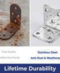 Built Different Premium Stainless Steel L Brackets Heavy Duty Corner Brace comparison of rusted and new stainless steel bracket.