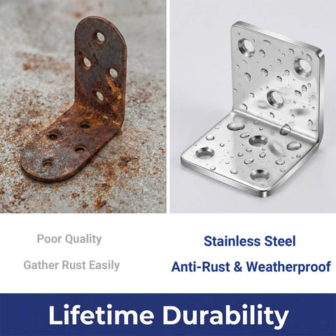 Built Different Premium Stainless Steel L Brackets Heavy Duty Corner Brace comparison of rusted and new stainless steel bracket.