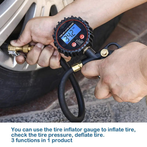 Digital Tire Inflator Gauge With LED Display, 250 PSI, Four Units, Straight Brass Lock On Chuck, 13 Inch Rubber Hose in use
