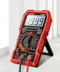 All In One Digital Multimeter Tester 2000 Counts With DC And AC Voltmeter And Ohm Volt Amp Meter in red on a stand