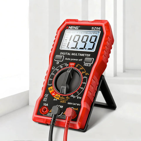 All In One Digital Multimeter Tester 2000 Counts With DC And AC Voltmeter And Ohm Volt Amp Meter in red on a stand