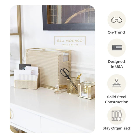 Gold Desk File Folder Organizer Set With Hanging File Holder Letter Size Tray Magazine File Organizer Pen Cup Sticky Note Holder And Sorter For A Tidy Desktop Office on white desk