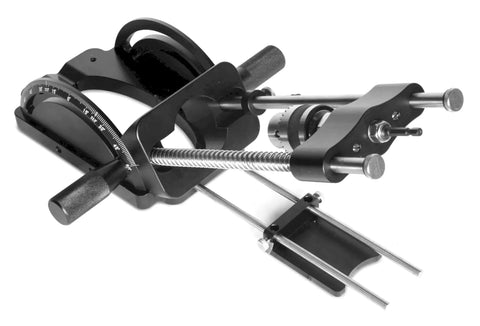 Heavy Duty Portable Drill Guide Slick Adjustable Drill Press Attachment showing aluminum base and precision angles for woodworking.