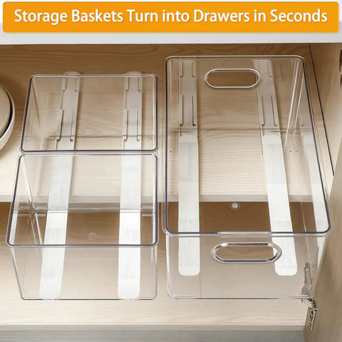 Total Game Changer Pull Out Cabinet Rails Kit Smooth Glide Drawer Slides 8 Pack Heavy Duty ABS Plastic Basket Organizer Guide Built Tough for Kitchens and Closets with transparent storage baskets.