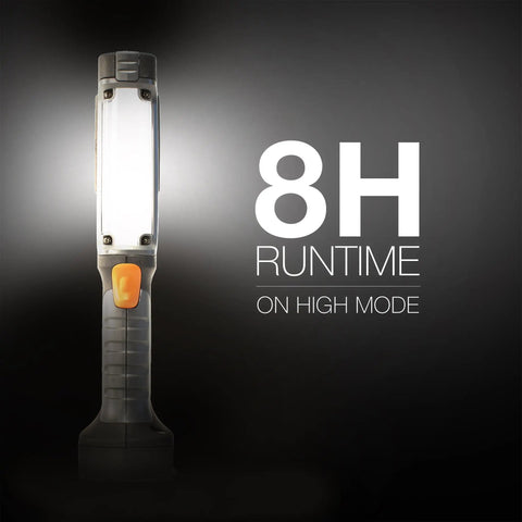 HC550 LED Flashlight front view with 8-hour runtime highlighted, water resistant magnetic work light for job sites, home, camping.