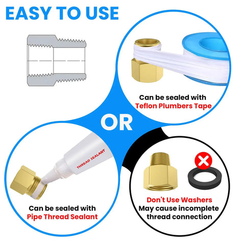 Diagram showing how to seal Brass Pipe Fitting Set Of Two One Quarter Inch NPT Male To One Half Inch NPT Female Reducer Adapters with tape or sealant.