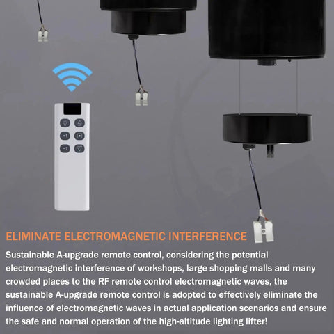 Heavy Duty Electric Chandelier Hoist With Remote Control And Aviation Grade Steel Wire For Lifting Heavy Lighting Up To 330 Lbs remote control unit and hanging hoist system.