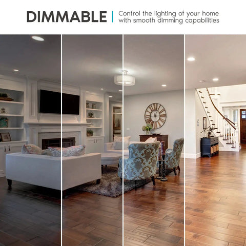 Living room with various lighting levels showing dimmable feature of Super Bright A19 LED Bulbs 100 Watt Equivalent 3500K 1600 Lumens