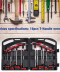 Top Tier 16 Piece T Handle Hex Keys And Star Wrench Set Made From Premium Chrome Vanadium Steel For Heavy Duty Automotive Repair Home DIY Projects And Machine Maintenance Work That Really Gets The Job Done Right. 16-piece T-handle wrench set in open case