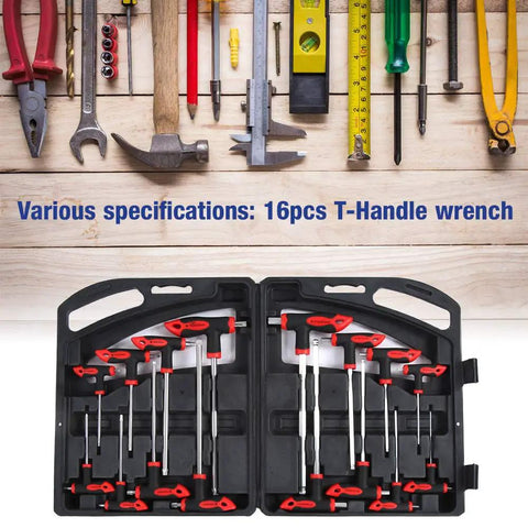 Top Tier 16 Piece T Handle Hex Keys And Star Wrench Set Made From Premium Chrome Vanadium Steel For Heavy Duty Automotive Repair Home DIY Projects And Machine Maintenance Work That Really Gets The Job Done Right. 16-piece T-handle wrench set in open case