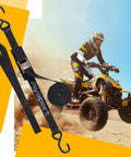 Cam Buckle Tie Down Straps 6 Ft Set Of 4 Heavy Duty 2200 Lb Break Strength With S Hooks in front of an ATV rider