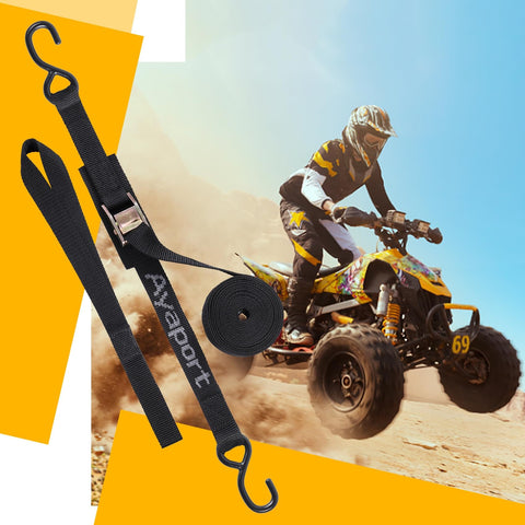 Cam Buckle Tie Down Straps 6 Ft Set Of 4 Heavy Duty 2200 Lb Break Strength With S Hooks in front of an ATV rider