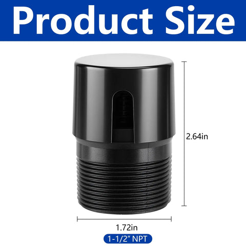Four Pack 1-1/2 Inch Npt Threaded Abs In Line Valve Vents Rv Camper Kick Out Bad Sewer Gas Odors Spring Loaded Exhaust Plumbing Accessory Set showing product dimensions, 2.64in height and 1.72in width.
