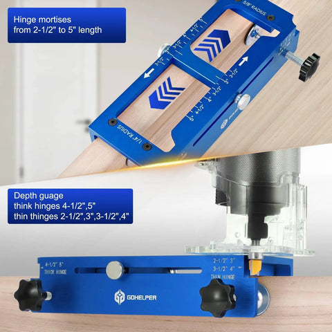 Heavy Duty Door Hinge Jig Kit, Precision Router Template for nailing cabinet makeovers, showcasing depth gauge and hinge mortise guide.