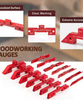 Pro Grade Fifteen Piece Aluminum Table Setup Blocks For Woodworking With 6061 T651 Aluminum For Rock Solid Height Depth And Angle Alignment And Fence Gauge Plus Laser Marked Durable Storage Case. Anodized red woodworking gauges with clear size markings and 45° block