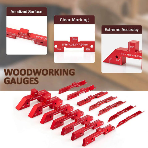 Pro Grade Fifteen Piece Aluminum Table Setup Blocks For Woodworking With 6061 T651 Aluminum For Rock Solid Height Depth And Angle Alignment And Fence Gauge Plus Laser Marked Durable Storage Case. Anodized red woodworking gauges with clear size markings and 45° block