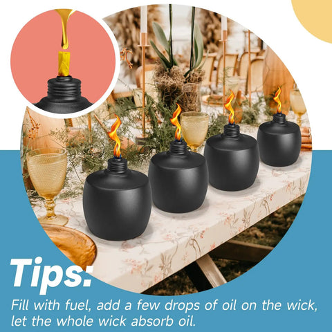 Citronella Tabletop Torches Six Pack For Outdoor Vibes, 21.5 Oz Metal Oil Burners With Fiberglass Wick on table