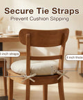 Beige Bistro Chair Cushions Set Of 2, 15 Inch Round Tufted Seat Pads With Ties, Ultra Thick 4 Inch Cushions on wooden chair in dining room.