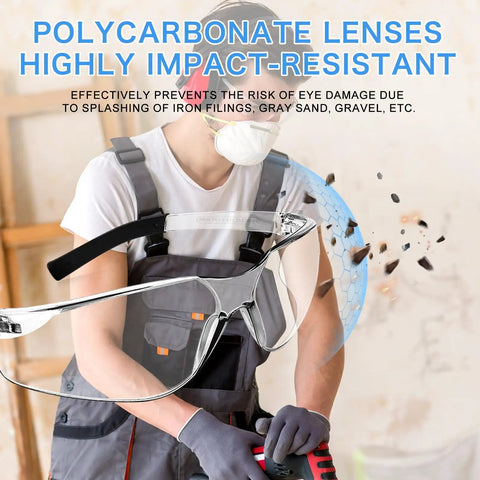 Clear Safety Glasses ANSI Z87.1 Certified For Men And Women, polycarbonate lenses, worker with protective gear