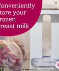 Heavy Duty Breast Milk Storage Tower And Freezer Organizer Rack For New Moms with stacked frozen milk pouches in freezer.