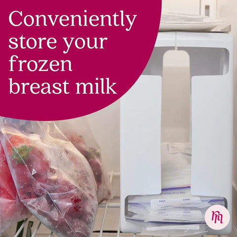 Heavy Duty Breast Milk Storage Tower And Freezer Organizer Rack For New Moms with stacked frozen milk pouches in freezer.