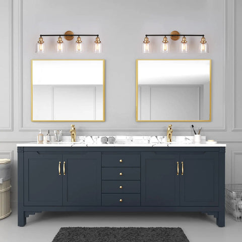 Modern Black And Gold Vanity Lights Over Mirror, Four Light Bathroom Fixture With Clear Glass Shades, 30 Inch Long Bath Vanity Bar For Powder Room
