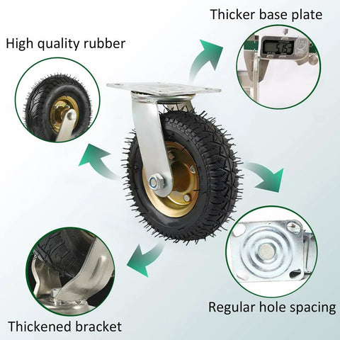 Two Pack Heavy Duty Inflatable Rubber Swivel Casters Silent Gliding Wheels with high quality rubber and thickened bracket.
