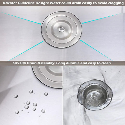 15x20 Inch Drop In Bar Sink for Busy Kitchens and RVs showing water flow design in 304 stainless steel, scratch and stain-resistant.