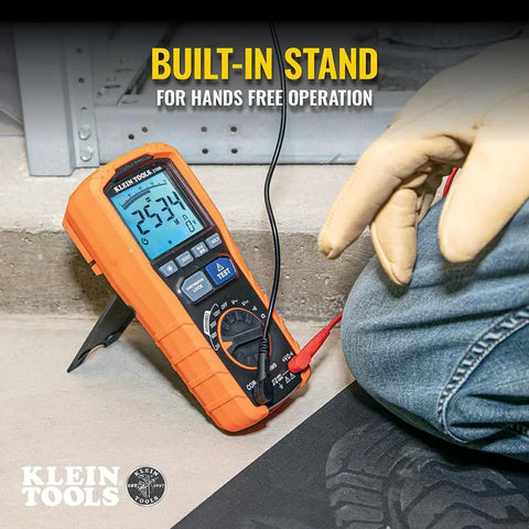 ET600 Multimeter Megohmmeter Insulation Tester With Auto-Ranging TRMS Readouts, measures up to 4000 megaohms, built-in stand.