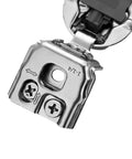 Close-up of 50 Pack 25 Pairs Soft Close Overlay Hidden Kitchen Cabinet Hinges Satin Nickel Stainless Steel Self Closing 35mm Cup 105 Degree Opening 3 Way Adjustable, showing adjustable screws and hinge mechanics.