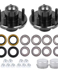 Trailer Hub Kit With 5 On 4.5 Inch Bolt Pattern For 2000 Lb Axles Includes 1 Inch And 1-1/16 Inch Straight Spindle Bearings L44643 L44649 Rust Resistant Coating Complete Idler Hub Hardware 2 Sets displayed with components including bearings and seals.