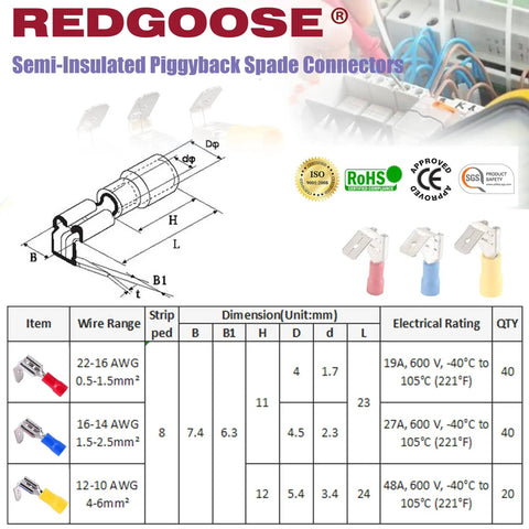 100 Pack Semi-Insulated Piggyback Spade Connectors 1/4 Inch Quick Disconnect Kit For 22-10 AWG specifications and diagram