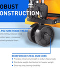 Close-up of installed 7 inch steering wheels with black poly tread from All In One Replacement Kit For Pallet Jack Wheels With Axles And Load Rollers.