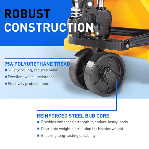 Close-up of installed 7 inch steering wheels with black poly tread from All In One Replacement Kit For Pallet Jack Wheels With Axles And Load Rollers.