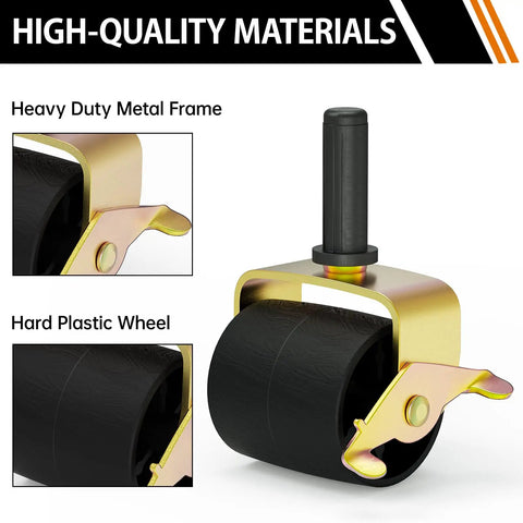 Heavy Duty Metal Bed Frame Casters Set Of Eight For Tool Free Mounting Replaces Damaged Bed Parts With Standard Leg Socket Inserts And Socket Sleeve Fit Smooth Rolling Wheels, showcasing a close-up of metal frame and hard plastic wheel.