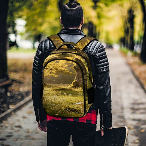 Mossy Forest Mushroom Printed Unisex Backpack on person outdoors