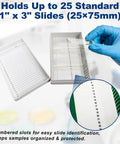 Top Tier Microscope Slide Storage Box With Heavy Duty Foam Liner Keeps Twenty Five Glass Slides Secure And Scratch Free Pack Of Five. Image shows open storage box holding numbered microscope slides.