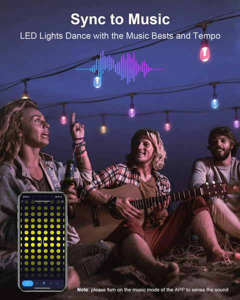 People enjoying music under Smart Outdoor String Lights 49 Ft RGBW With 15 LED Bulbs App And WiFi Control Alexa Compatible IP65 Waterproof