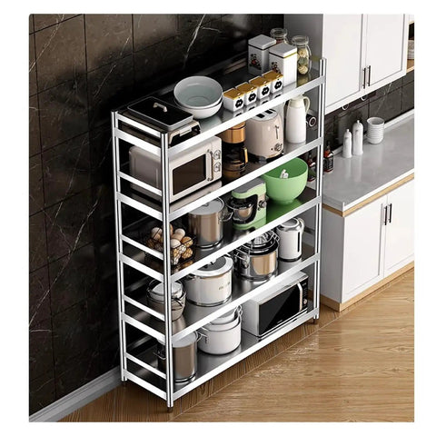 Premium 304 Stainless Steel Five Tier Storage Rack With Adjustable Height, showcasing kitchen appliances and organization.