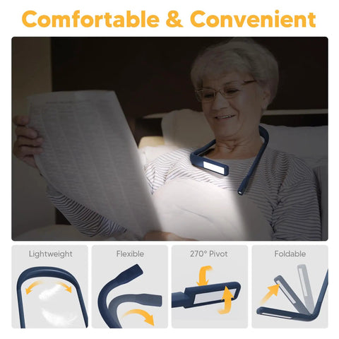 Older person using Rechargeable Neck Reading Light With Dual Lamps For Bedtime Reading And Crafting Eye Friendly Floodlight And Spotlight