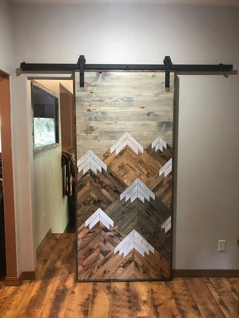 Space Saving Rustic Wood Mountains Sliding Barn Door For Home, Classic Farmhouse Style, Ideal Room Divider And Interior Door