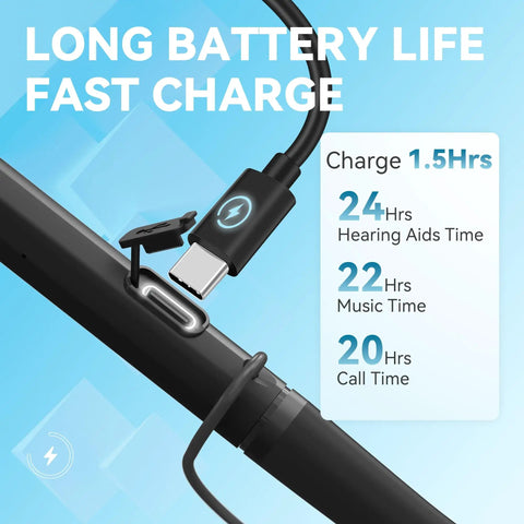 Rechargeable Bluetooth Hearing Aids For Seniors Neckband Earphones Hands Free 2 In 1 Hearing Amplifier For Elderly With Type C Charging And All Day Battery Life Available showing Type-C charging port and battery life specifications.