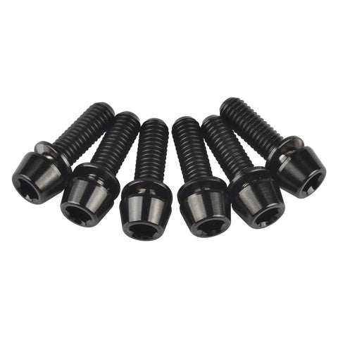 Titanium M5x16mm Hex Allen Bike Stem Bolts With Washer Black Finish 6 Pack showing tapered heads and washers