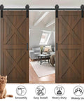 Heavy Duty Sliding Barn Door Hardware Kit With Door Hook And Two Handles For Double Doors, 12-Foot Rail Installed