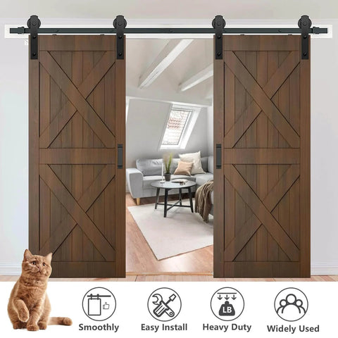 Heavy Duty Sliding Barn Door Hardware Kit With Door Hook And Two Handles For Double Doors, 12-Foot Rail Installed