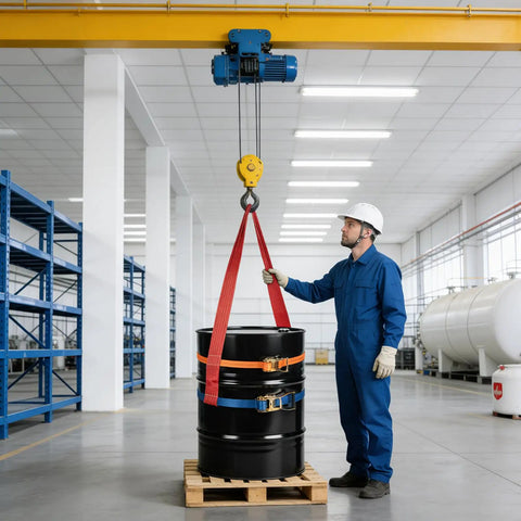 Shop Floor Ready Heavy Duty Fifty Five Gallon Drum Lifting Sling With Twin Adjustable Ratchet Straps during overhead lift by worker.