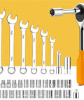 All Purpose Home Repair Tool Kit 62 100 128 158 196 Piece Set In Durable Plastic Storage Case includes wrenches and sockets.