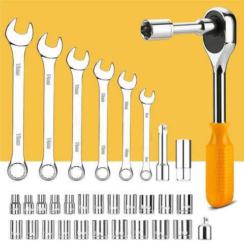 All Purpose Home Repair Tool Kit 62 100 128 158 196 Piece Set In Durable Plastic Storage Case includes wrenches and sockets.